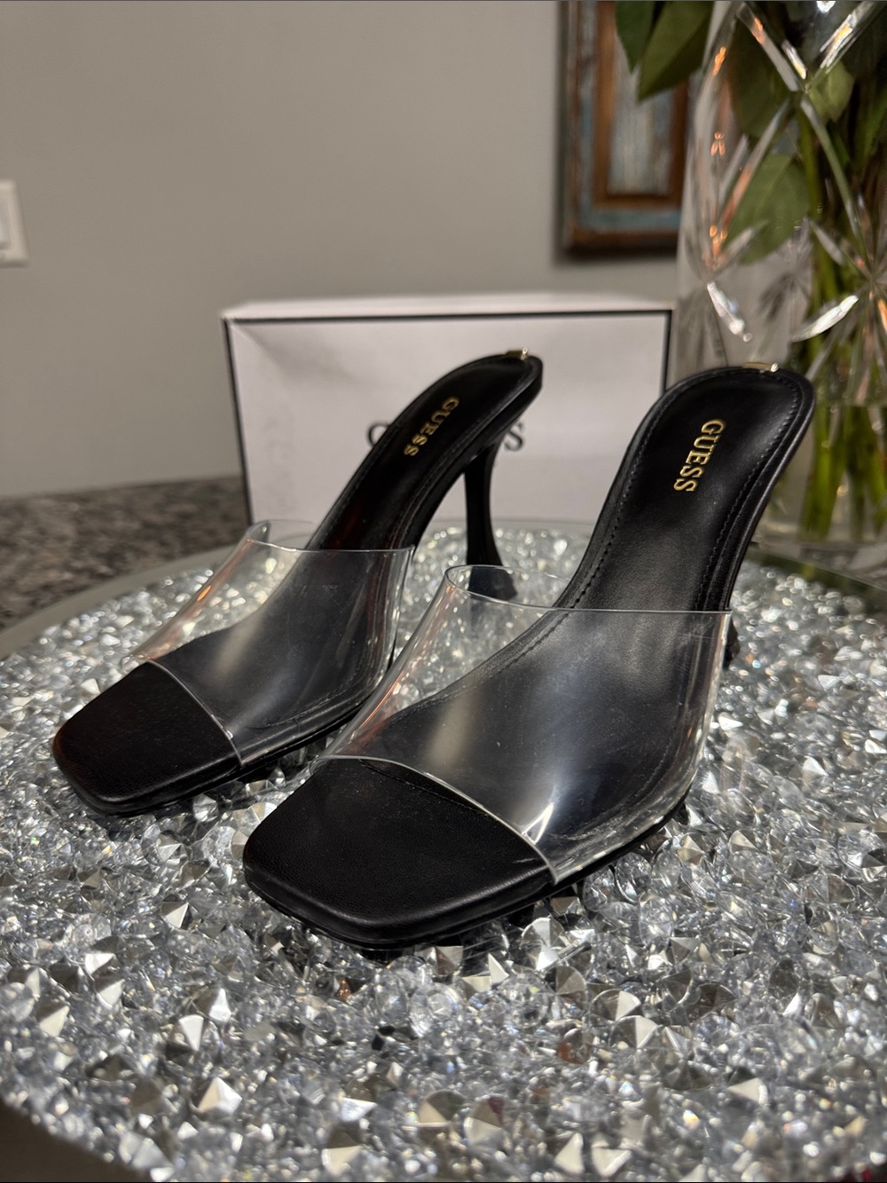 GUESS Hambree Black Heeled Mule with Clear PVC Strap NEW 6.5 - Picture 5 of 14